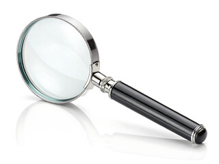 A shiny magnifying glass with a black handle and silver accents on a white surface with reflection