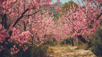 Fototapeta premium A picturesque path meandering through field of vibrant pink flowers in full bloom.