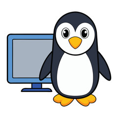Obraz premium Cute penguin watching television vector cartoon illustration
