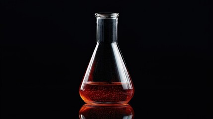A red liquid in a conical flask against a black background.