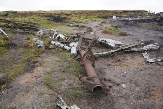 B29 OVEREXPOSED Crash Site, The Peak District, England &ndash; June 8 2022: Aerial view of the wreckage and debris from a B29 Superfortress plane crash.