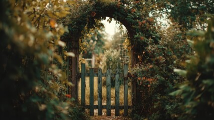 Obraz premium Green gate adorned with lush leaves, tranquil natural entrance green