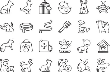 Fototapeta premium Adorable Pets and Animal Care Outline Icons for Veterinary, Grooming, and Domestic Animals