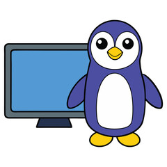 Obraz premium Cute penguin watching television vector cartoon illustration