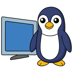 Obraz premium Cute penguin watching television vector cartoon illustration