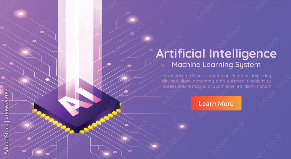 Poster Isometric AI design with circuitry a central chip beaming light upwards and a Learn More button