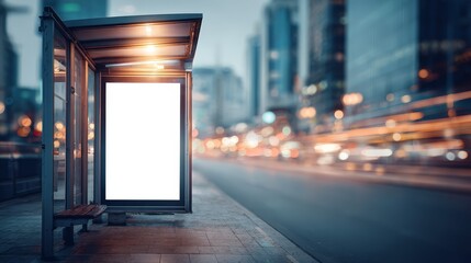 Blank billboard at urban bus stop, prime advertising space for mockups and designs in the city