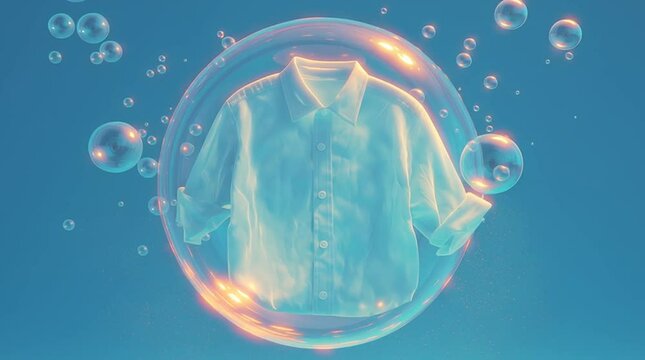 clean white shirt floating inside soap bubble on blue background &mdash; perfect for advertising laundry detergent, fabric softener, dry cleaning services, hygiene and freshness-related promotional material