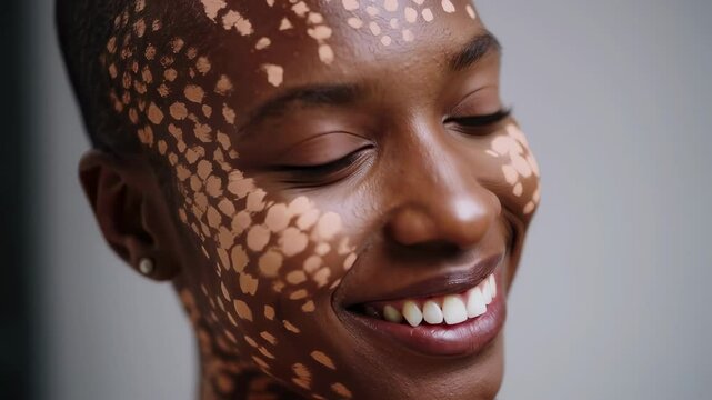 A confident young African woman with a buzz cut smiles happily, her face adorned with a unique pattern of light spots. This close-up portrait celebrates beauty, diversity, and self-acceptance.