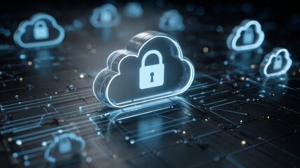 Cloud security and data protection, lock symbolizes safeguarding digital information access control in cloud computing.