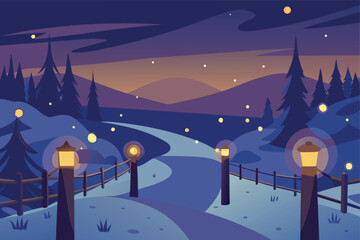 Fototapeta premium Winter Path with Lanterns at Sunset