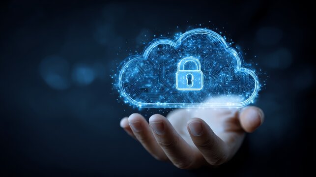 Hand holding cloud with lock, symbolizing data protection, security, and privacy in cloud storage