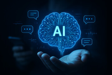 Hand presenting a holographic artificial intelligence brain with chat bubbles showcasing machine learning natural language processing and advanced neural networks technology
