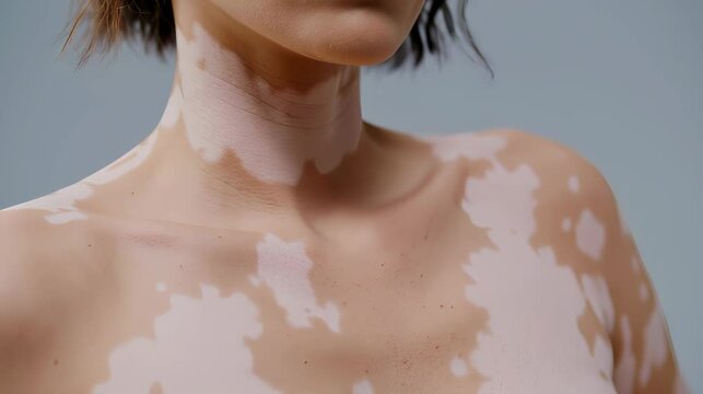 Detailed close-up of a person's skin with vitiligo, focusing on the depigmented patches on her neck, chest, and shoulders. She is posed against a plain grey wall, embracing unique beauty.