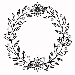 Minimalist Floral Wreath Outline – Simple Vector Illustration – Elegant Botanical Frame for Wedding Invitations, Nature Decor, Seasonal Graphics, and Hand-Drawn Design Projects