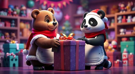 Festive 3D Illustration of Christmas Gift Exchange Between Animal Friends