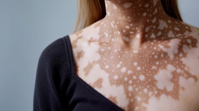 A static close-up shot focuses on the neck, shoulder, and chest of a woman with vitiligo. Her unique skin pattern with depigmented patches is clearly visible against a soft, neutral background.