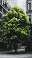 A vibrant green tree stands tall amidst the gray urban landscape