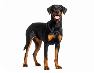 Black and tan dog posing, smiling, against a clean white backdrop