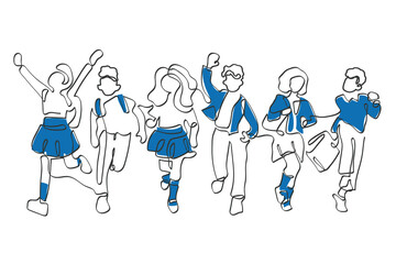 Hand drawn line art vector of school kids. Back to school art. Excited group of tweens.