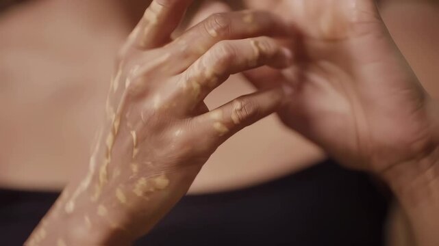 Detailed closeup shot of a person mixing dabs of cosmetic foundation on their hands, blending different skin tone shades for a perfect match as part of a beauty routine.