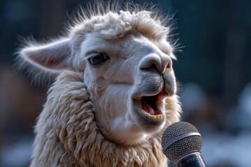 Llama sings into microphone during outdoor performance in a lively crowd setting on a sunny day