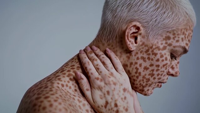 A unique young woman with a pixie cut and skin covered in an animal-like print of brown spots poses thoughtfully, touching her skin in a studio with soft lighting.