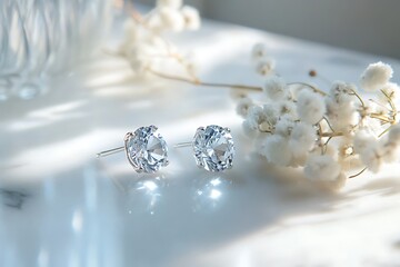 Softly glowing earrings made of clear crystal under illumination.