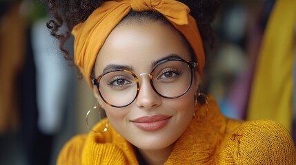 bright smiling woman with glasses and yellow headscarf in fashionable setting