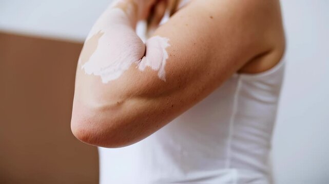 An intimate closeup focuses on an arm with vitiligo, a skin condition causing depigmentation. The person, wearing a white tank top, bends their elbow, revealing distinct white patches in soft light.