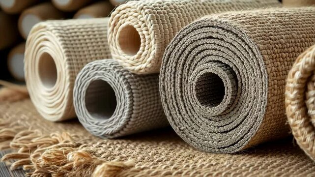 Rolled woven rugs in neutral tones with textures and fringe edges.