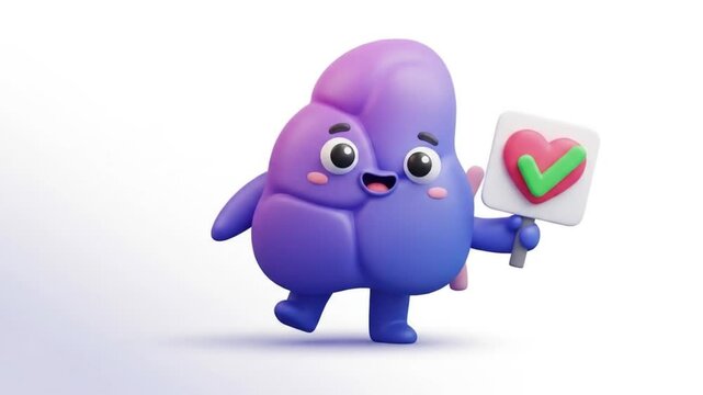Smiling 3D cartoon pancreas holding a check mark sign &ndash; symbol of health approval