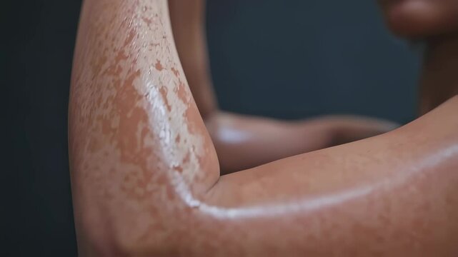 A person with a skin pigmentation condition, possibly vitiligo, is shown in a closeup shot. Their arms and hands are covered in a glistening oil or lotion, emphasizing the skin's texture and form.