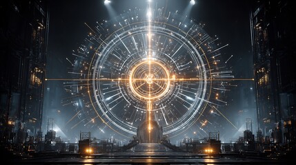 Futuristic Portal Technology Machine in Dark Industrial Interior
