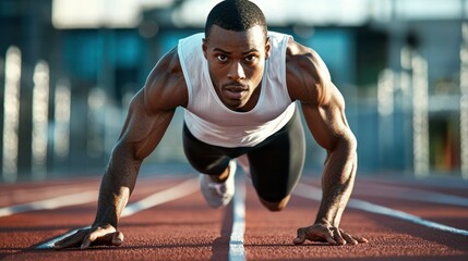 A muscular man in a white tank top and black shorts, crouching on a track with his hands on the ground, preparing to run.