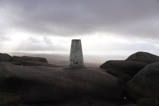 B29 OVEREXPOSED Crash Site, The Peak District, England &ndash; June 8 2022: Aerial view of the trig point at the historic B-29 Superfortress crash site.