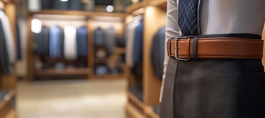 A stylish designer belt displayed on the right, blurred fashion showroom
