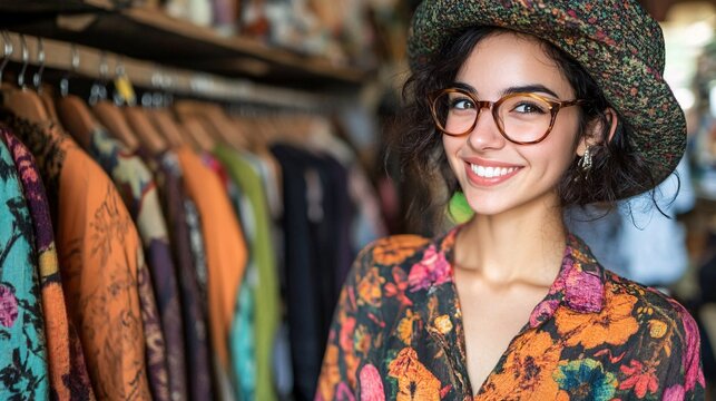 vibrant young woman shopping for colorful fashion clothing in boutique store with floral dress and hat