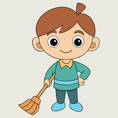 A cute boy is sweeping with a broom vector cartoon illustration