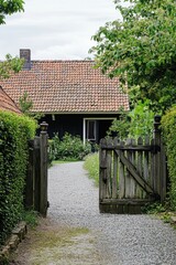 Home surrounded by lush greenery and a gravel pathway leading to a quaint, rustic cottage with a charming wooden gate in a peaceful countryside setting