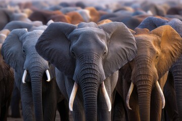 Majestic elephants gather together in a herd during golden hour in the African savanna