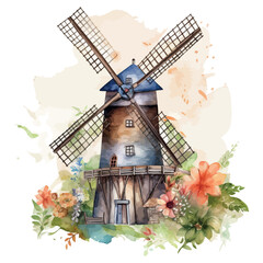 Old Dutch windmills stand tall against a cloudy sky, nestled in a vibrant European agricultural landscape