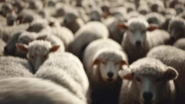 A wolf in sheep's clothing, surrounded by its unsuspecting flock. Metaphor for hidden dangers, appearances can be deceiving, and the wolf lurks in the crowd.