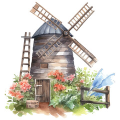 Old Dutch windmill in a vibrant spring landscape under a vast sky, embodying the traditional architecture and rural charm of the Netherlands countryside