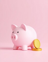 Savings Concept, Pink Piggy Bank with Stacked Gold Coins on a Pastel Background