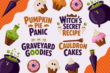 Halloween treat label, pumpkin pie panic, witchs secret recipe, graveyard goodies, cauldron cakes, spooky dessert sign