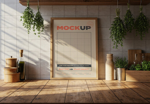Wooden Frame Poster Menu Mockup on Kitchen with Herbs