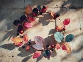Wreath of autumn leaves and berries on a textured concrete wall, vibrant colors and shadows, directly facing camera