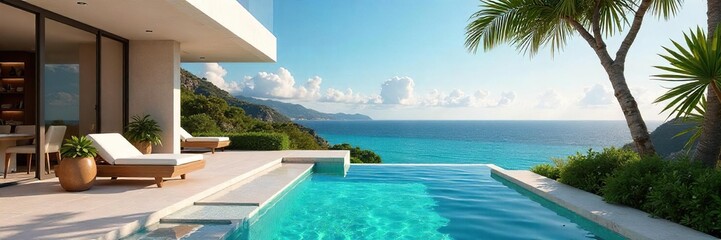 Obraz premium Luxurious Oceanfront Villa Rental Private Pool, Spacious Patio, Stunning Sunsets