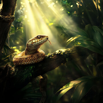 Jungle python observing from tree branch perch high resolution picture